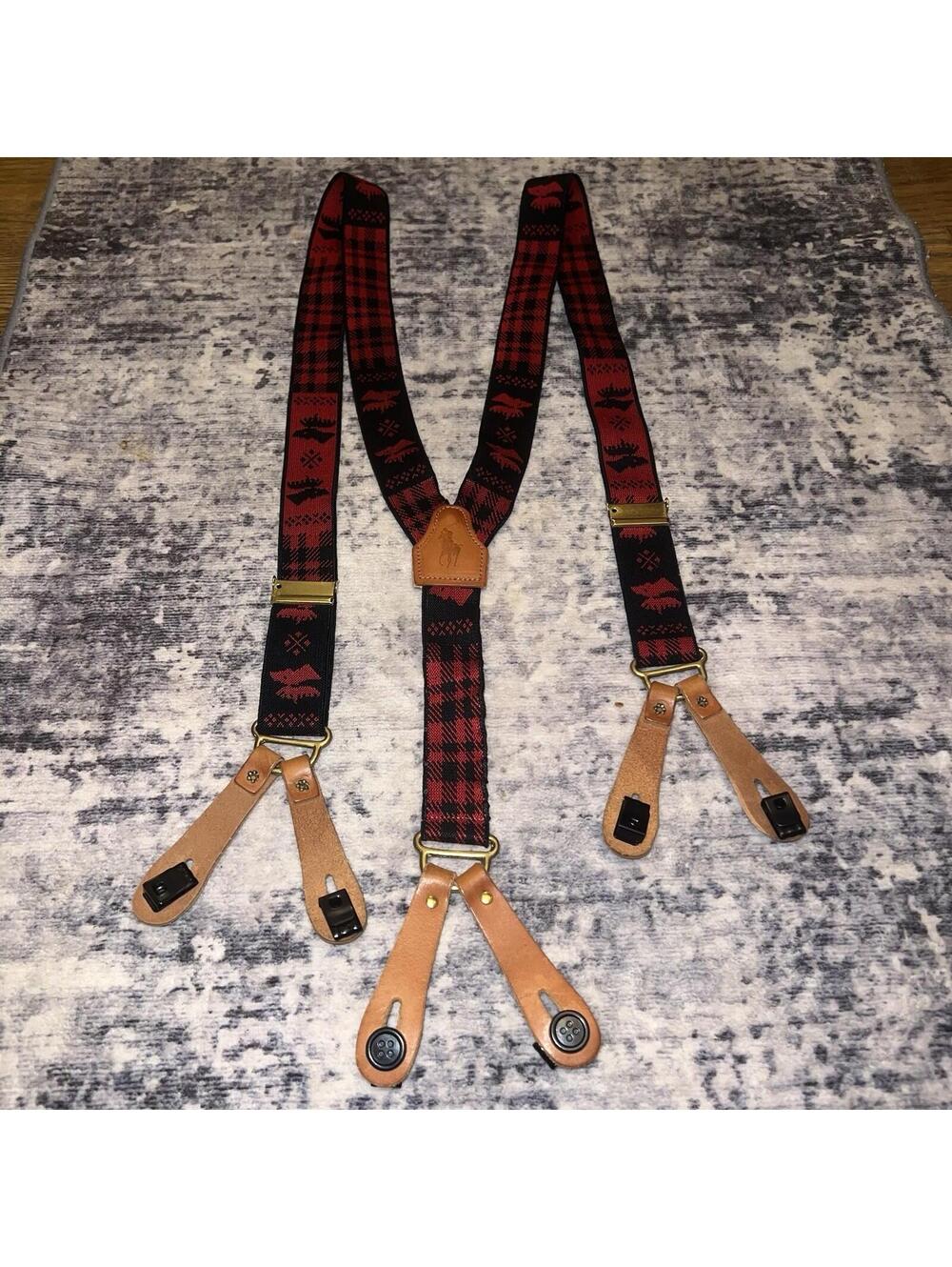 Vintage 1980’s Polo Ralph Lauren Red Black Plaid Moose Suspenders Braces Leather